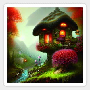 Sparkling Fantasy Cottage with Lights and Glitter Background in Forest, Scenery Nature Magnet